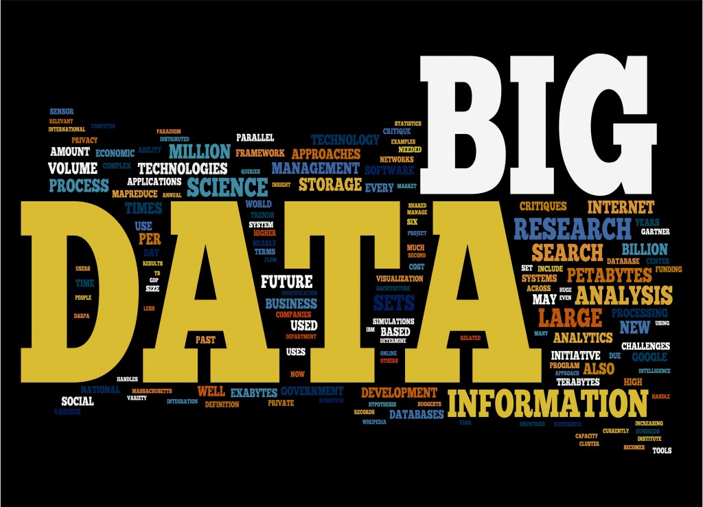 Big Data related concepts in word tag cloud isolated on black background